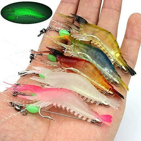 YQBUY 8pcs Soft Fishing Luminous Shrimp Lure with Hook Swivel Beads Artificial Silicone Glow Fishing Bait Rig Fishing Tackle for Freshwater Saltwater Bass