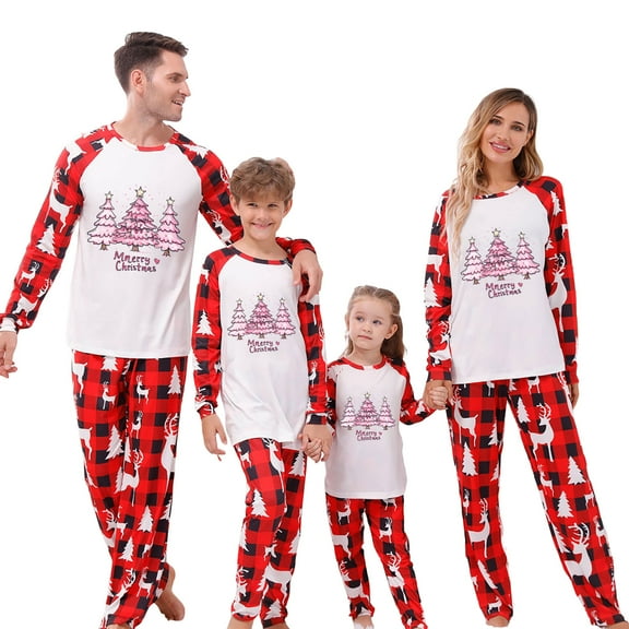 Yievot 2 Piece Family Christmas Pajamas Matching Sets PJ's Sleepwear Christmas Trees Printed Shirts and Plaid Pants Festival Party Sleepwear