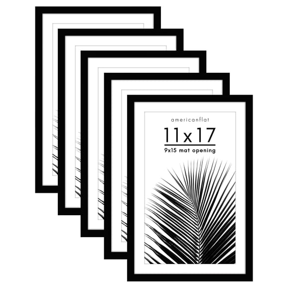 Americanflat 11x17 Picture Frame with Polished Plexiglass with 9x15 Mat 5 Pack Display Photo Galleria - Black