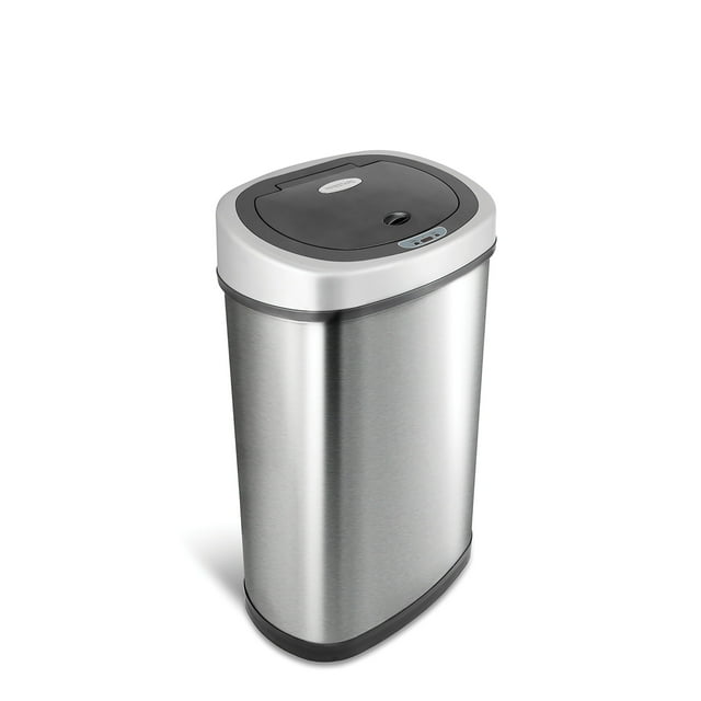 NINESTARS DZT-50-9 Bote de basura automático con sensor de movimiento infrarrojo sin contacto, 13 gal 50 L, base de acero inoxidable (ovalada, tapa plateada/negra)