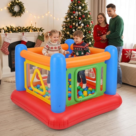 Blue 3-in-1 Inflatable Bounce House with Transparent Side Walls, Ball Pit, Playpen, Trampoline