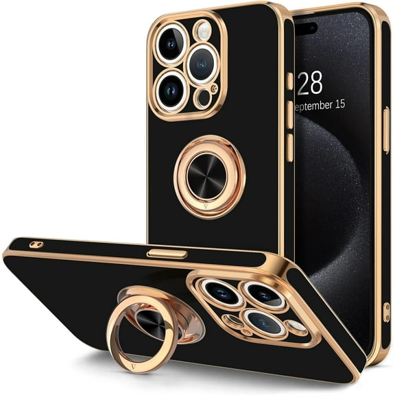 ZUKKASHAN Case for iPhone 15 Pro Max Case with Ring Stand, 360° Rotatable Ring Holder Magnetic Kickstand, Plating Rose Gold Edge Soft Cover Protective Phone Case for iPhone 15 Pro Max 6.7"