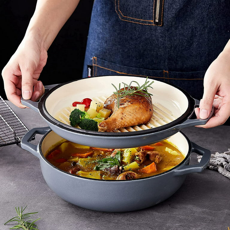Gennua Kitchen 2-in-1 Enameled Cast Iron Braiser Pan with Grill Lid -  3.3-Quart Small Dutch Oven, Serves as Both Casserole & Stovetop Grill Pan