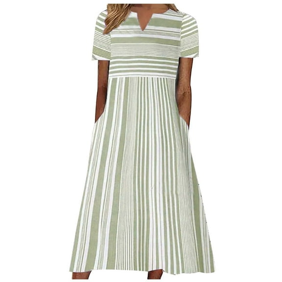 Babysbule Women Dresses Plus Size Women's Fashion Casual Short Sleeve V-Neck Striped Print Pocket Maxi Dress Fire Outfit
