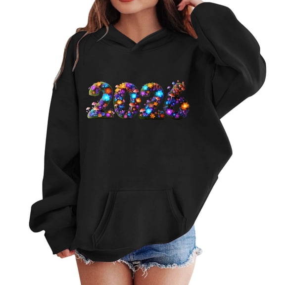 Kiijoy 2026 New Year Hoodie for Girls Letter Print Casual Hooded Sweatshirt Pullover Top