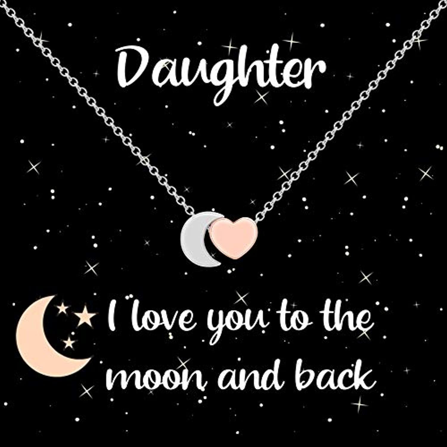 Daughter Jewelry Necklace Gift from Mom, Dad I Love You To The Moon and Back Heart & Moon Pendant Necklace, Jewelry Presents from Mother/Father Girls, Teens, Women, Adults (2-Tone Rose/Silver) - image 1 of 5