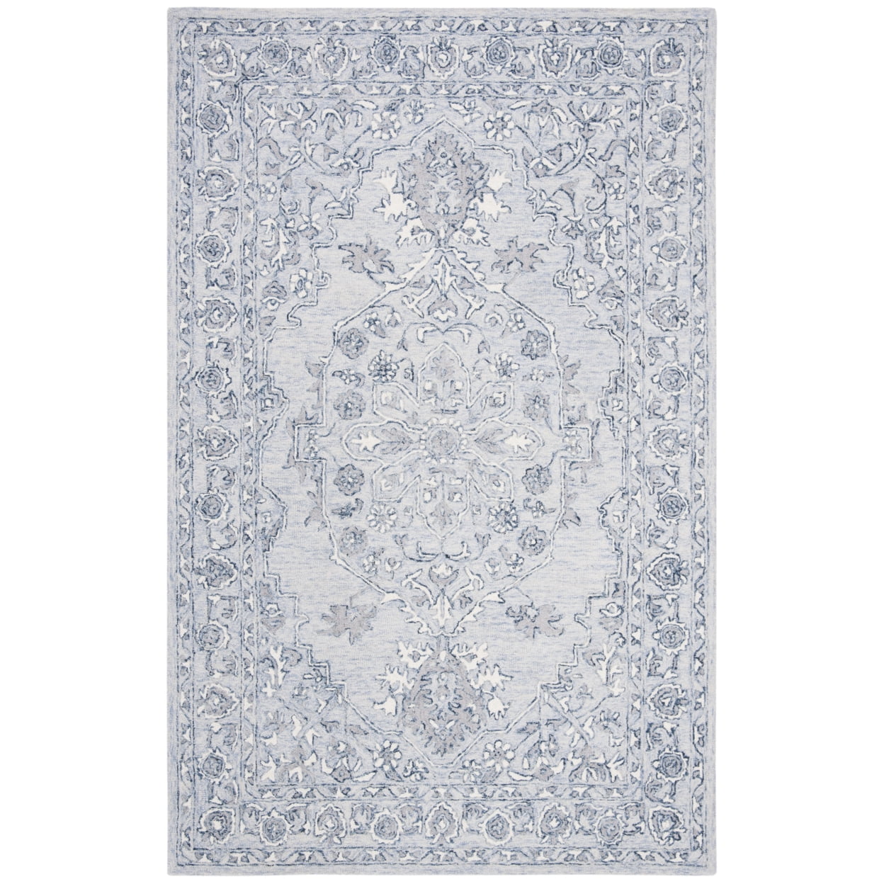 SAFAVIEH Micro-Loop Britton Floral Bordered Wool Area Rug, Light Blue/Ivory, 5' x 5' Round