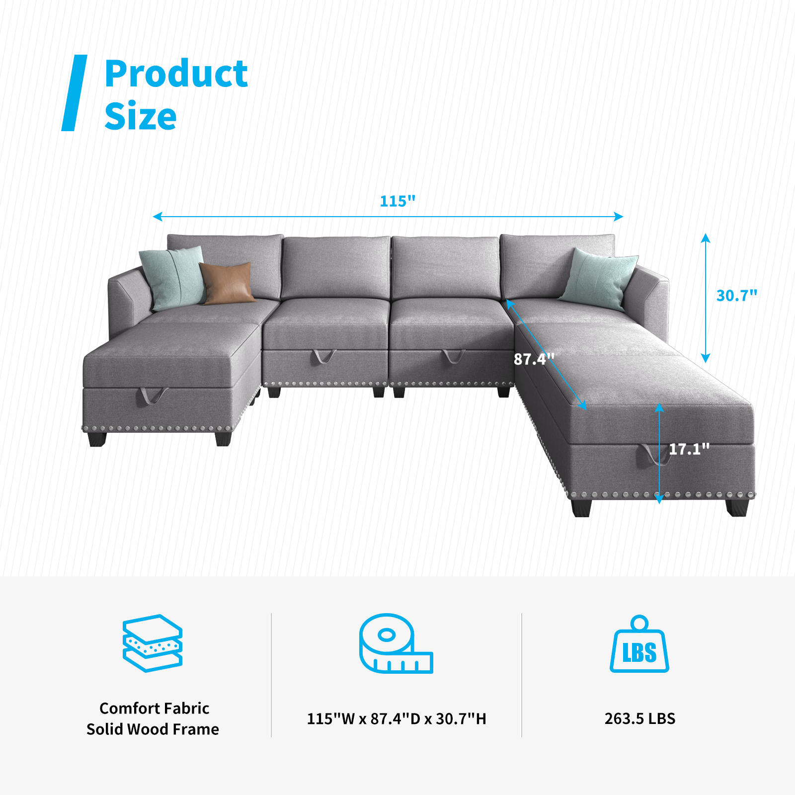 Mjkone 7-Seater U-Shaped Sectional Sofa with Storage, Light Grey ...