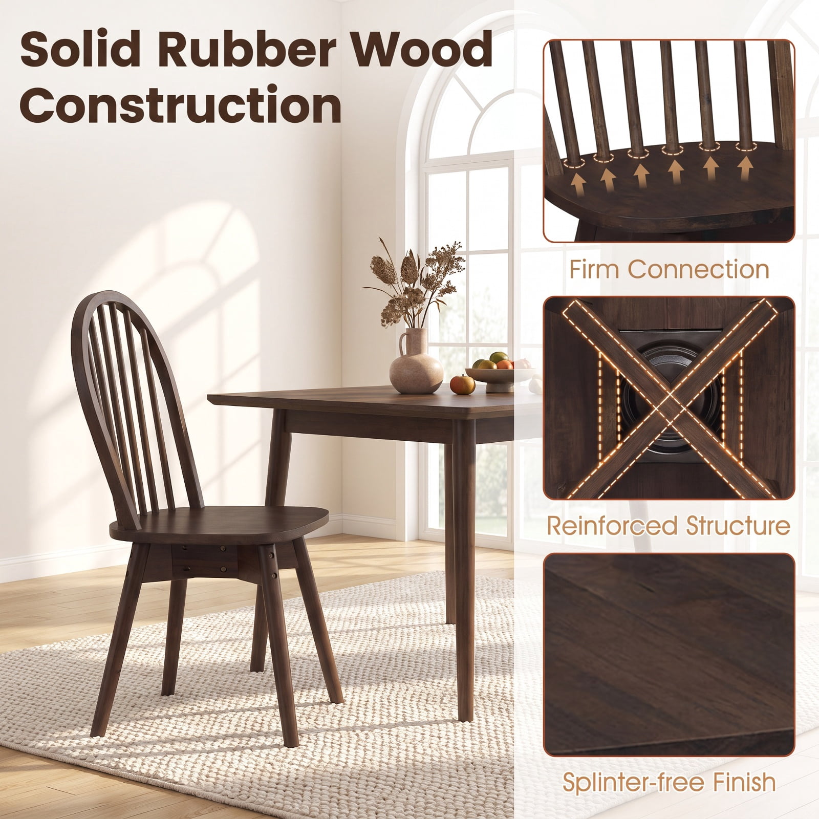 Furnibear Swivel Windsor Dining Chairs Set of 2 with Solid Rubber Wood Frame for Kitchen Dining Room Living Room Home, Walnut