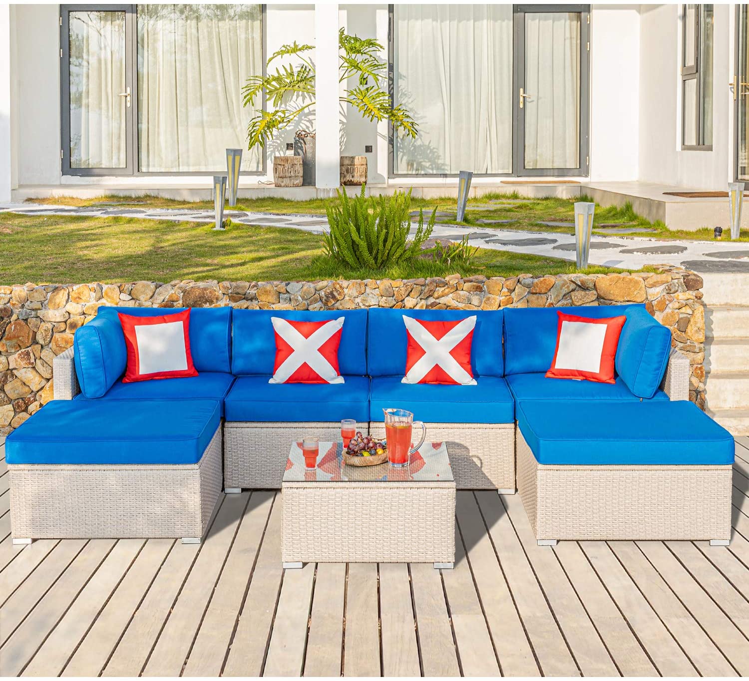 COSIEST 7 Piece Patio Furniture Beige Wicker Sectional Sofa Set with