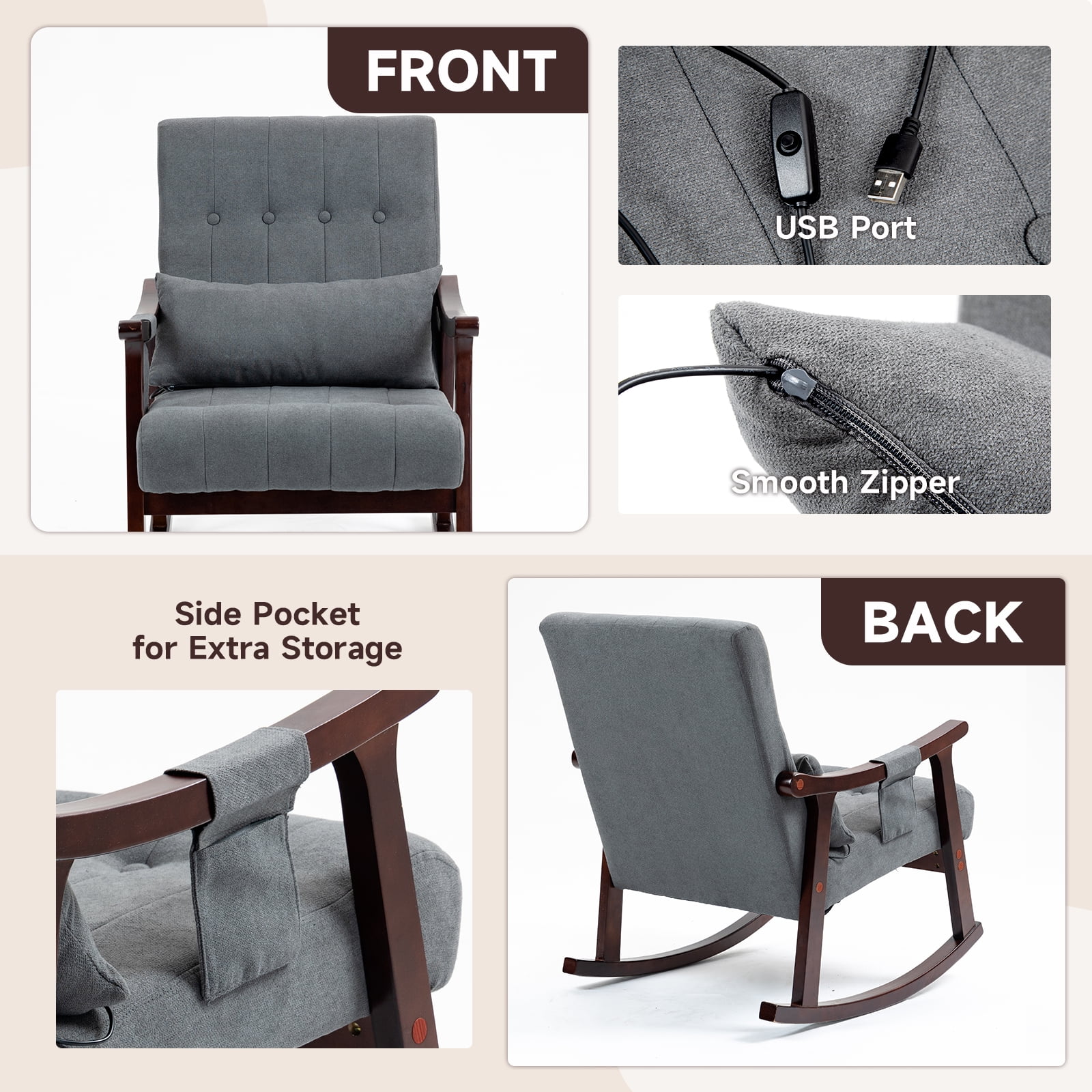 AVAWING Upholstered Rocking Chair with Massage Lumbar Support, Comfy Rocker Glider Chair for Nursery, Modern High Back Armchair for Living Room, Indoor Chair, Polyester, Dark Gray
