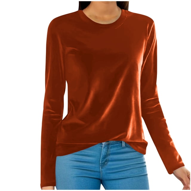 Lenpel Hauts en Velours pour Femmes Grande Taille Habillés Décontractés Col Rond Manches Longues T-Shirts en Velours Tuniques Amples Blouses (Orange, Moyen)