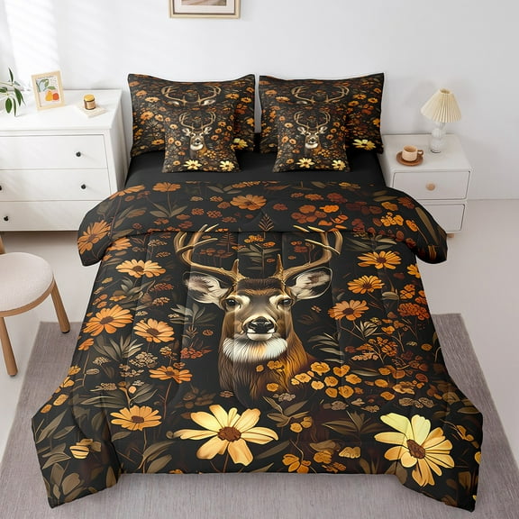 Erosebridal Wildlife Deer Bedding Sets Twin Size,Floral Flower Comforter Sets with Sheets,Woodland Animal Bed in a Bag Twin size,Ultra Soft Botanical Room Decorative,Reversible,7-Piece