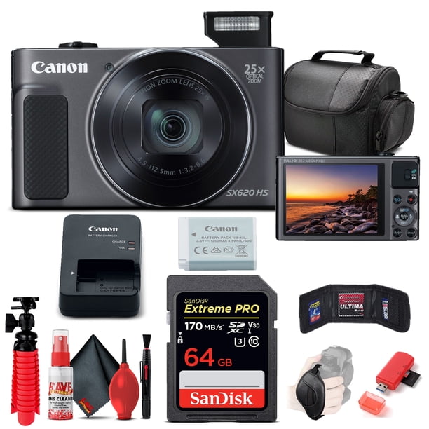 Cámara digital Canon PowerShot SX620 HS (negra) (1072C001), tarjeta de 64 GB, lector de tarjetas, bolsa blanda, trípode flexible, correa de mano, soporte para tarjeta de memoria, kit de limpieza (modelo internacional) Canon 1072C001_EDII0_1