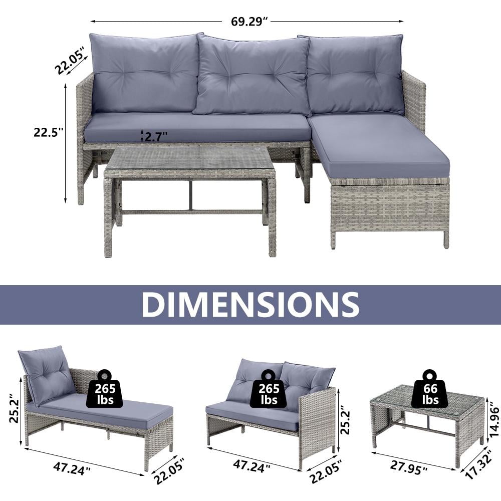 3 Piece Patio Furniture Set, All-Weather Outdoor Sectional Sofa Set, PE Rattan Conversation Set with Table & Cushions, Wicker Furniture Couch Set for Patio Deck Garden Poolside Yard
