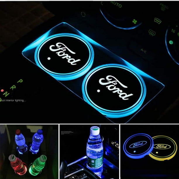 LED Car Cup Holder Lights for Ford, 2PCS Car Logo Cup Coaster with 7 Colors Changing USB