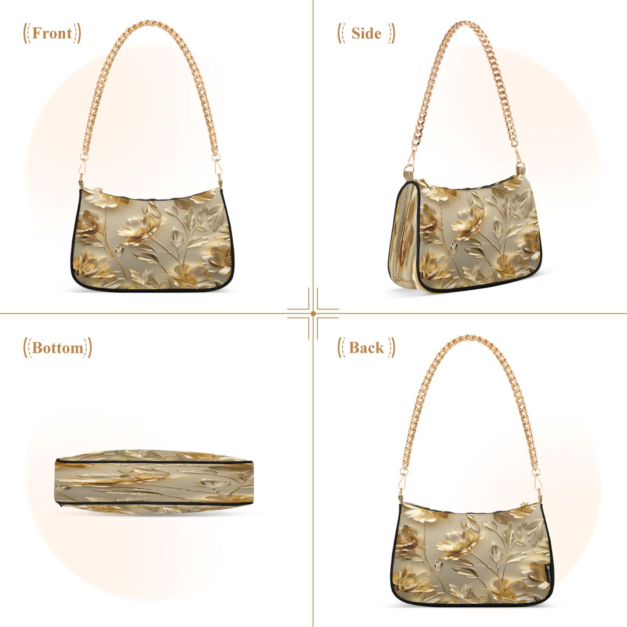 Ryvnso Luxury Gold Flower Womens Chain Shoulder Bag Tote Handbags Clutch Hobo Purse with Zipper for Travel