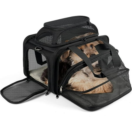 TJOUL 18x13.5x9 TSA Approved top and 1 Side Expandable pet Carrier for Small Dog Puppy cat up to 8 lbs Weight, for Spirit Southwest Airlines with Double Zipper Locks and 2 Pockets.