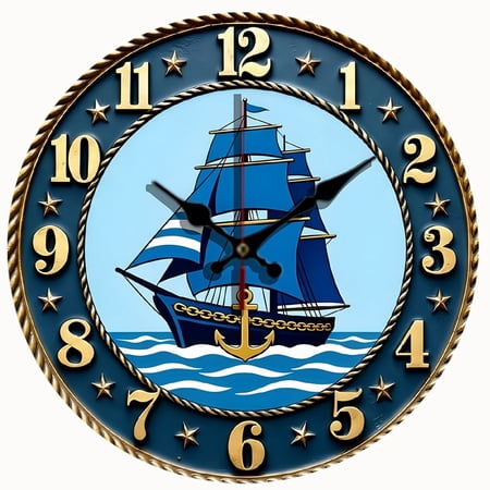 2D Flat Wooden Wall Clock,Vintage Nautical Sailboat Anchor Wall Clock, Coastal Beach Home Decor Wall Clock - AA Battery Not Included