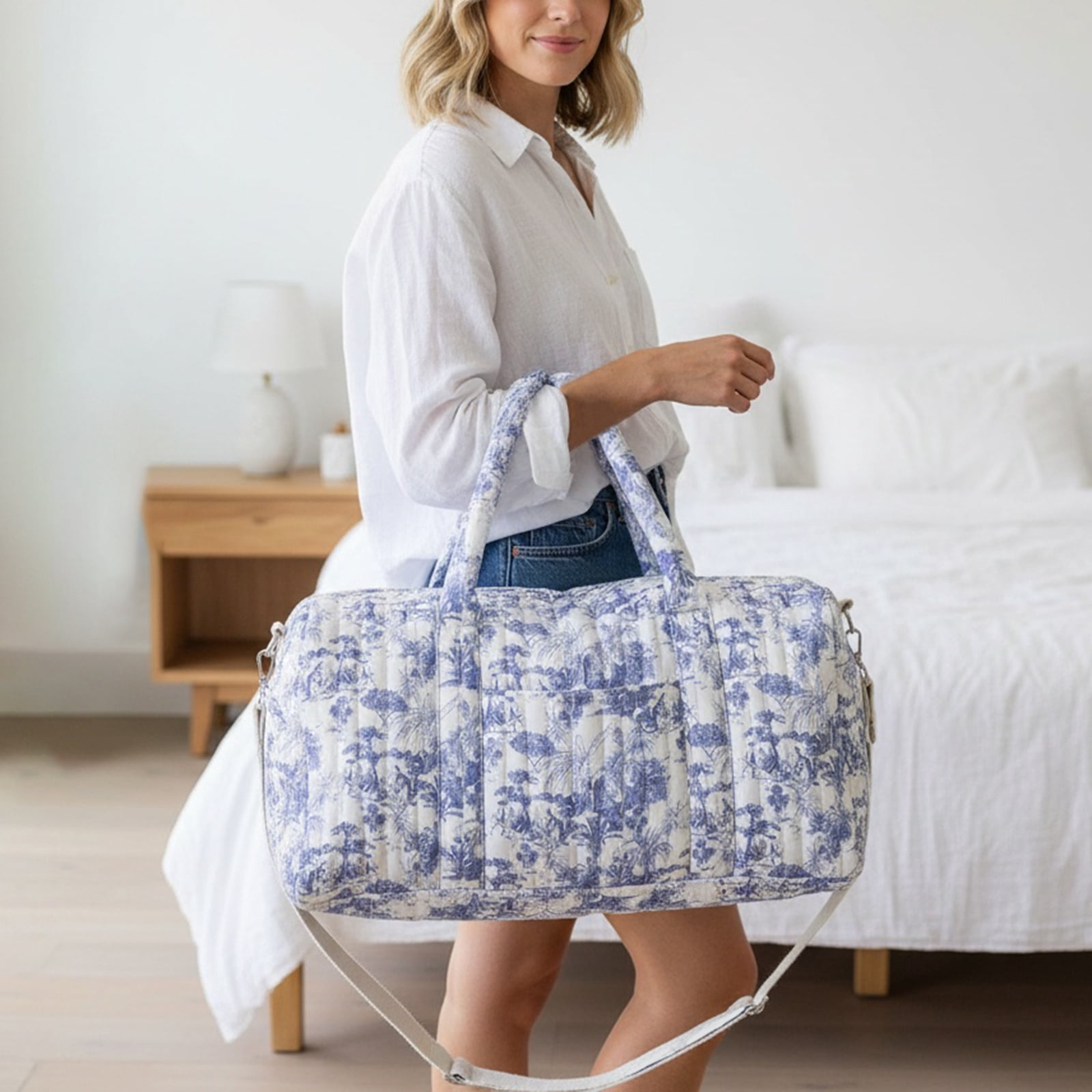 Hersfrd Cotton Quilted Floral Travel Baby Diaper Bag Large Capacity Travel Organizer with Zipper for Mom Dad Women Men Boys Girls (Coconut Blue)