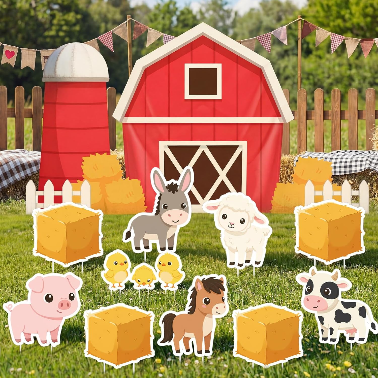 Farm Birthday Decorations 13 Pcs Large Farm Animal Party Supplies with 59x34 Inch Farmhouse Backdrop, Barnyard Yard Signs Photo Booth Props for Birthday, Baby Shower, Farmhouse Party Decor