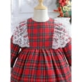 thumbnail image 4 of Kids Girls Dress Christmas Plaid Patchwork Lace Fly Sleeve Long Sleeve Dress, 4 of 9