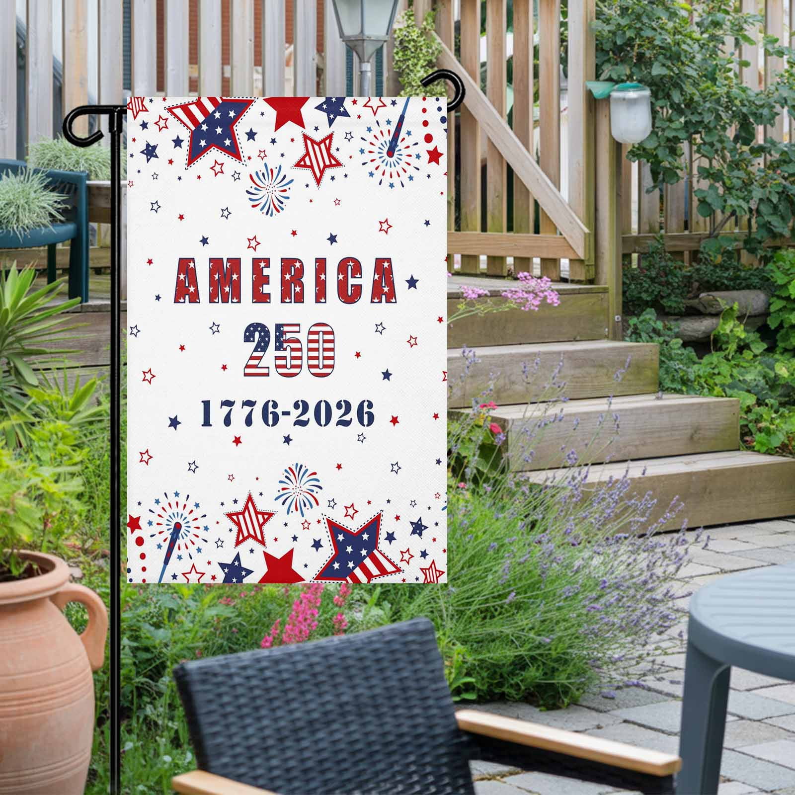 4th of July Garden Flags Patriotic Stars Fireworks Garden Flag Double Sided Welcome Flag America 250th USA Flag Independence Day Yard Flags for Outdoor Lawn Porch Memorial Day Decor 28x40 Inch