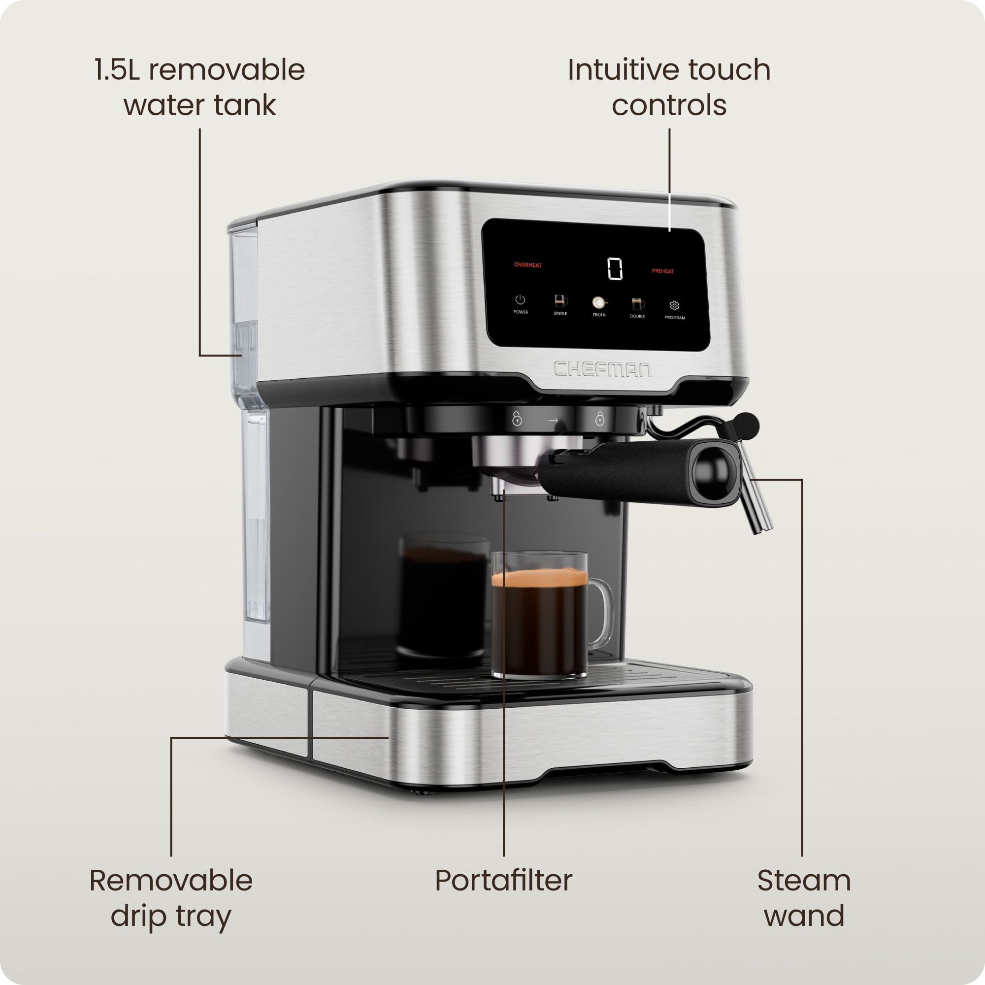 Chefman CraftBrew Espresso Machine W/ Steam Wand and Touch Controls – Stainless Steel