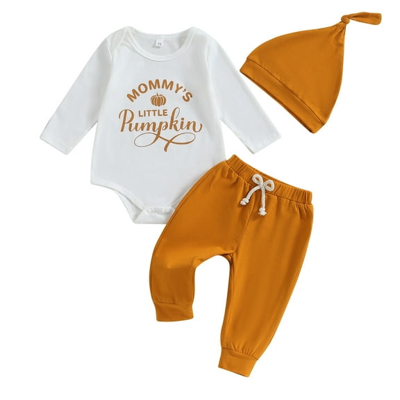 Baby Boys 3PCS Pants Sets 6M 12M 18M 24M Long Sleeve Letter Pumpkin Print Romper and Solid Color Drawstring Pants Hat Sets