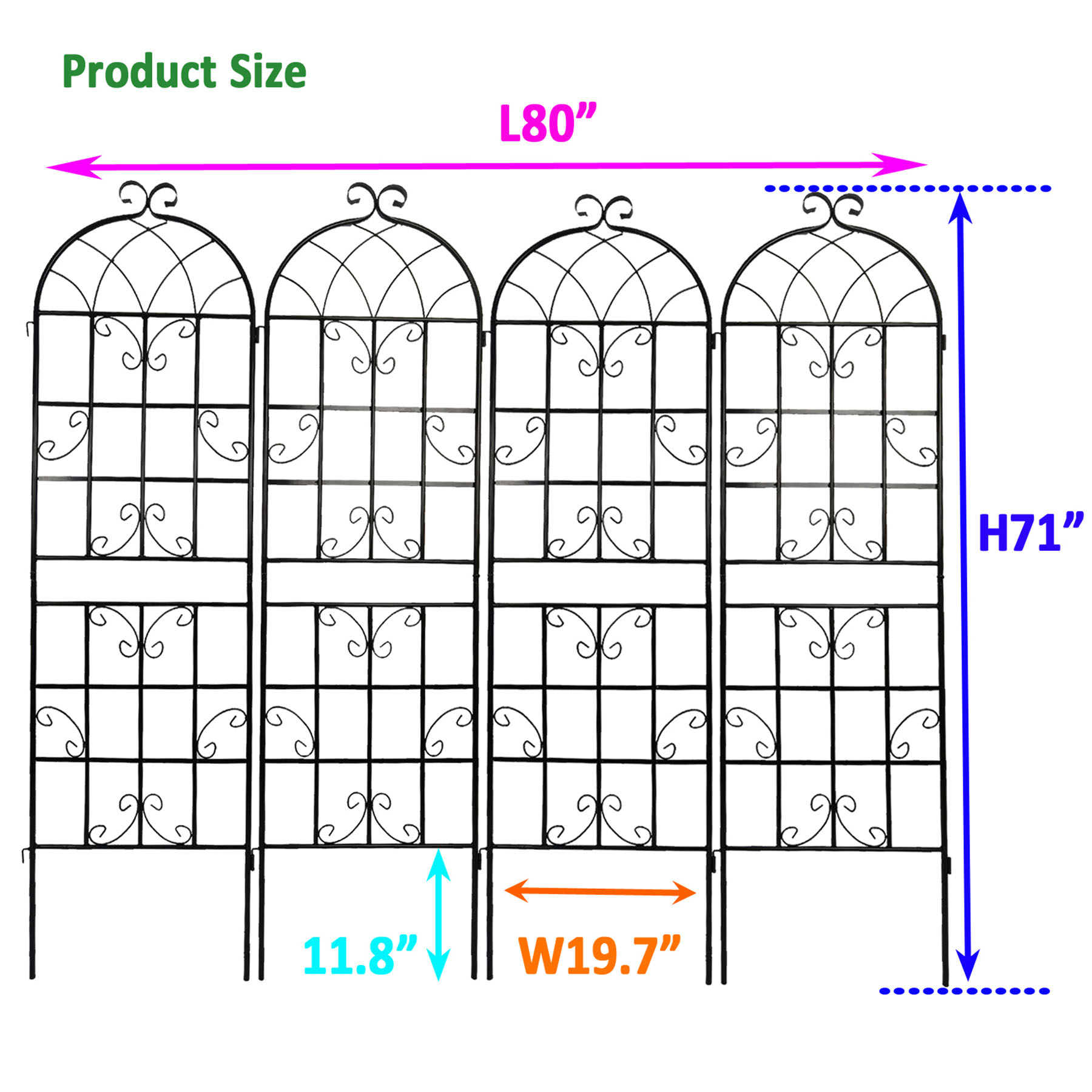 4 Pack Large Garden Trellis 71" H x 19.7" W Heavy Duty Rustproof Black Iron Plant Trellis for Potted Plant Support Metal Climbing Rose Trellis Vine Vegetable Cucumber