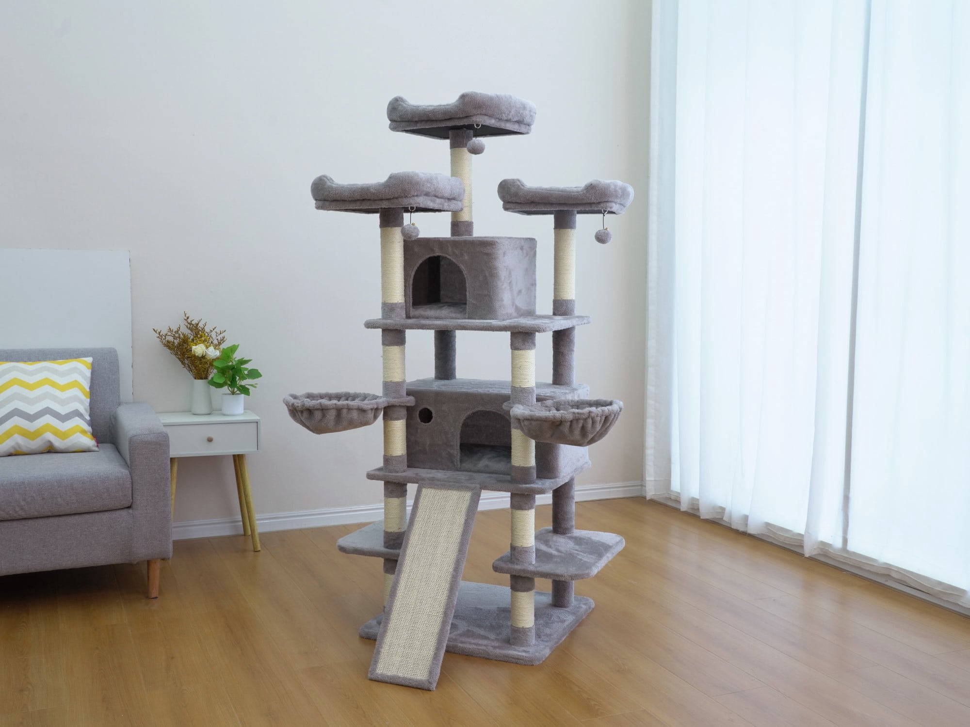 Vibrant Life Heavy Duty 8-Level 66" Cat Tree with Scratching Ramp, Two Condos and Hammocks, Light Gray