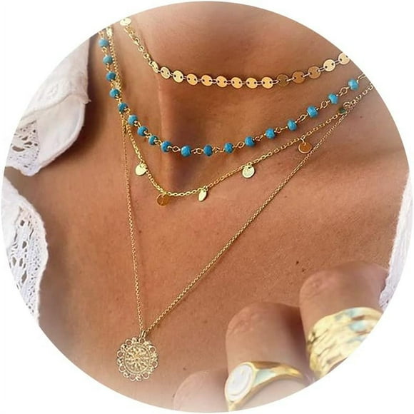 HAHDAXIA 4pcs Bohemian Necklace for Women Layered Necklaces Boho Turquoise Necklaces Gold Long Turquoise Necklace Beach Necklace Summer Necklace Jewelry for Teen Girls Wedding Party