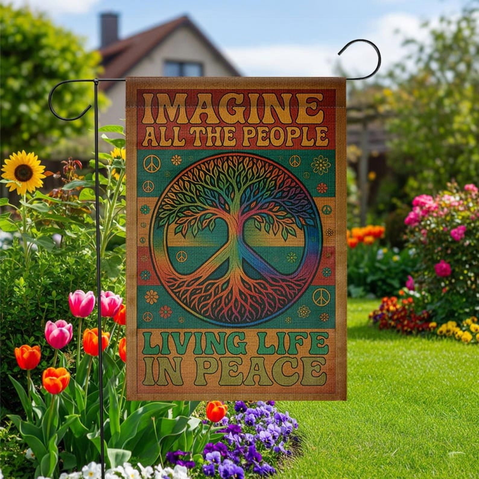 TiniDecor Peace Tree Garden Flag – 28”x40” Imagine All the People Outdoor Yard Banner, Hippie Boho Décor