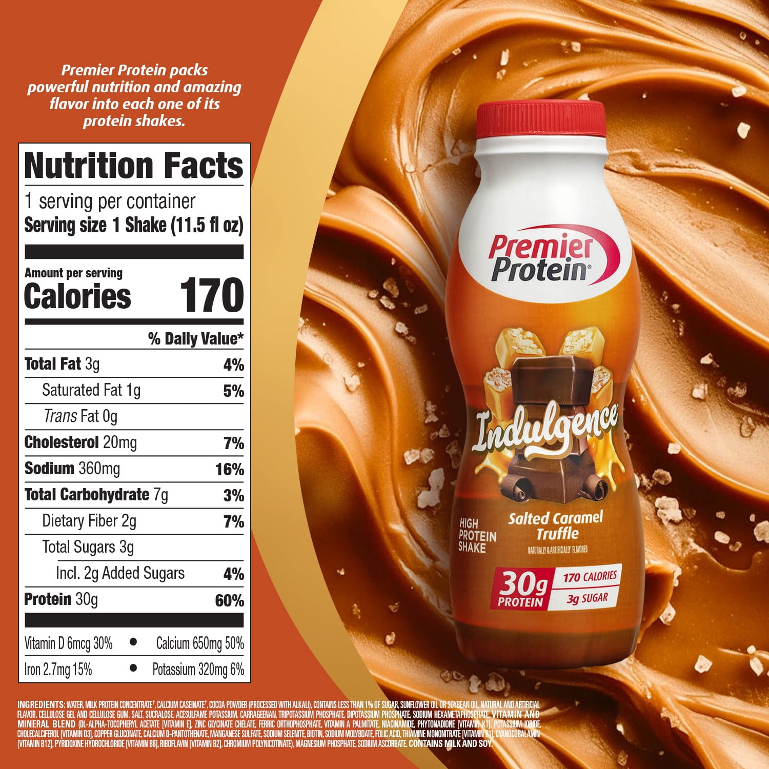 Premier Protein Indulgence Shake, Salted Caramel Truffle, 30g Protein, 11.5 Fl Oz, 12 Ct