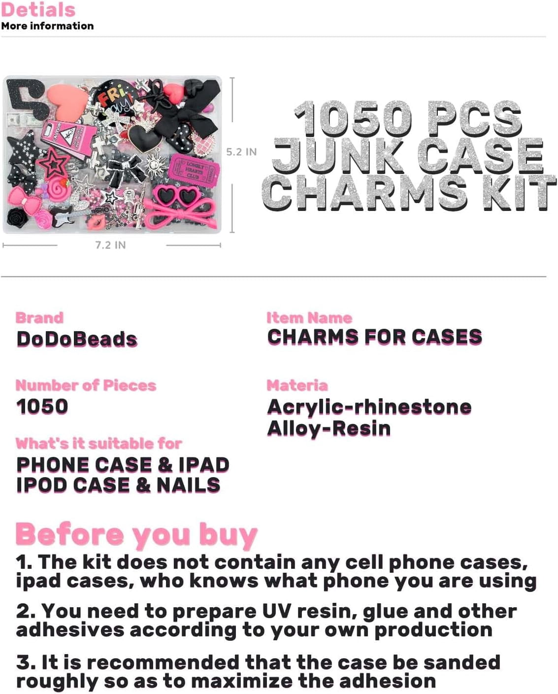 AllWays Plaza 1050 Pcs Junk Phone Case Charms Kit, Charms for Customizing Cases, Kawaii Bow, Letter Beads, Nail Accessories, Flatback Pearls, Rhinestones, Cute Aesthetic Decor for Personalization