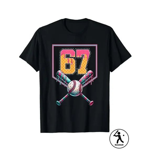 Men's/Women's Baseball Number 67 Jersey-like T-Shirt - Bold Neon-like Print with Number 67, Baseball Bat & Ball Design - 67th Birthday Party Outfit or Sports Fan Apparel - Soft