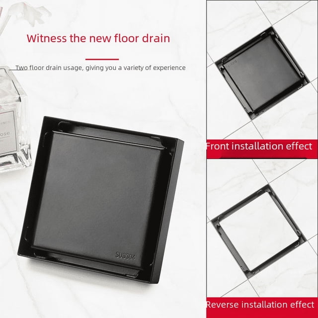 Desagüe de piso de acero inoxidable negro, desodorante para ducha de baño, tira antibloqueo, cocina y baño, azulejos cuadrados con incrustaciones, lavadora