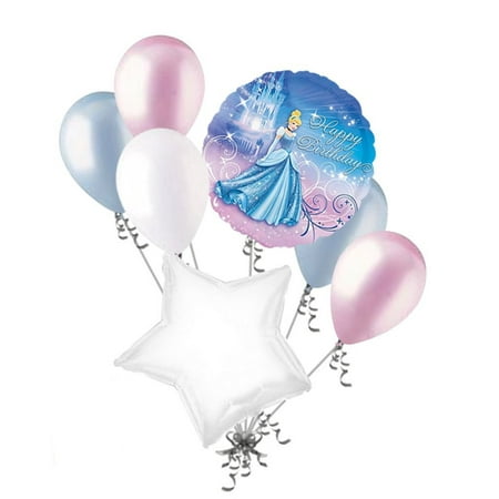 7 pc Cinderella Sparkle Disney Princess Heart Balloon Bouquet Happy Birthday