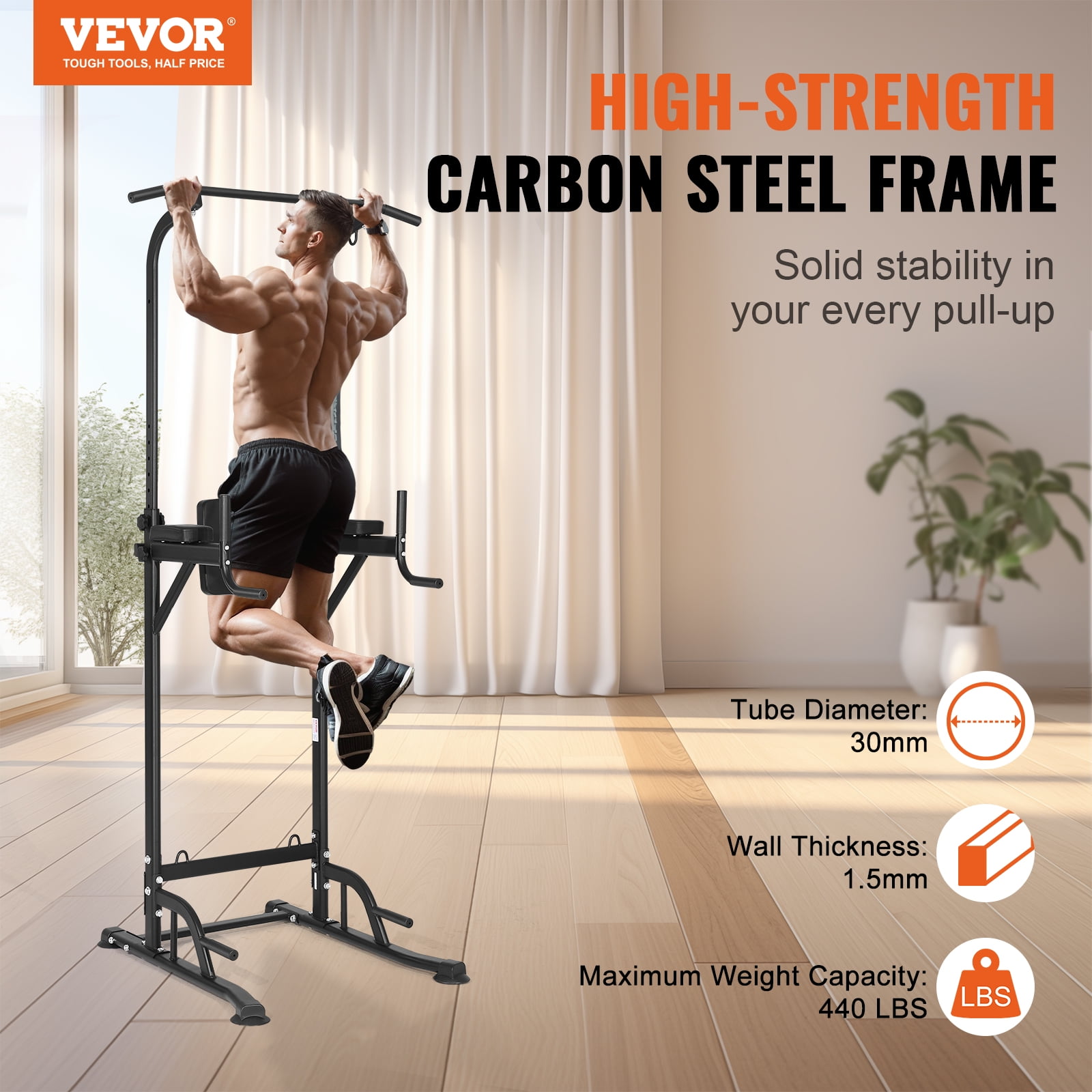 VEVOR Power Tower Dip Station 10 Level Height Adjustable Pull Up Bar Stand Multi Function Home Gym Strength Training Fitness Workout Equipment with 7 Level Adjustable Backrest PU Elbow Pads 440LBS Wal...