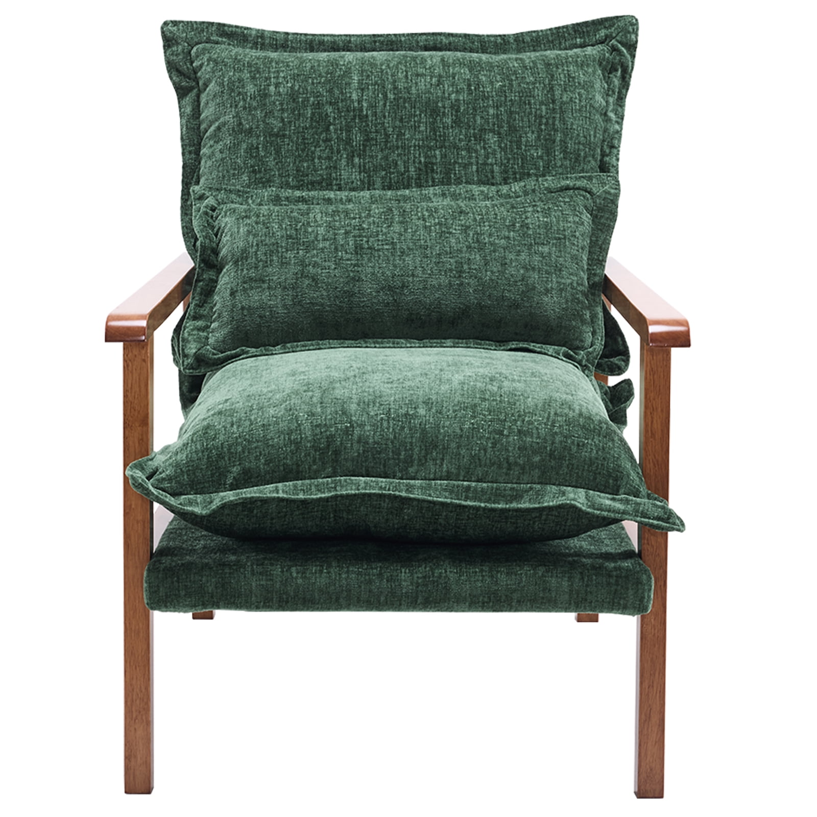 Cloud Shaped Indoor Leisure Chair with Solid Wood Armrest & Frame, Chenille Fabric Accent Chair with Lumbar Pillow, Dark Green