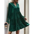 thumbnail image 4 of Women'S Elegant Velvet Long Sleeve Dress Casual Fall V Neck A Line Babydoll Flowy Formal Wedding Party Mini Dress Dark Green M, 4 of 9