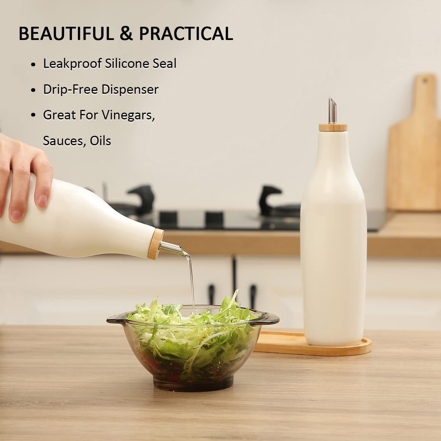 Ceramic Olive Oil Dispenser for Kitchen, Stoneware 16oz Oil and Vinegar Bottles Dispenser, Kitchen Dispenser Bottle for EVOO Vinegar Syrups, Modern Farmhouse Design(W)