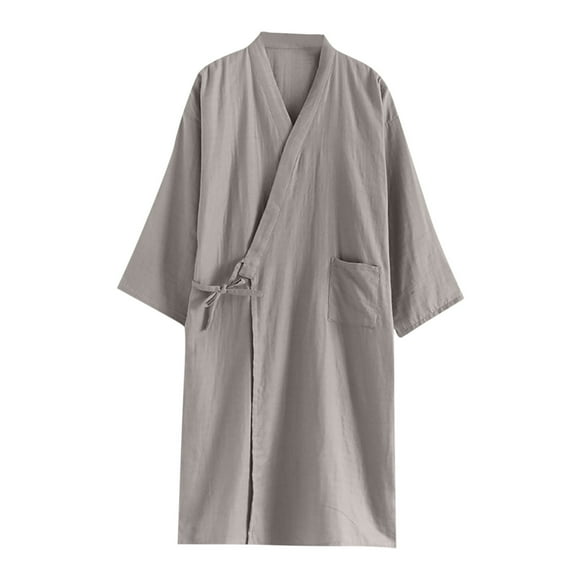 Tnhcen Men's Summer Cotton Lightweight Breathable Long Sleeve V - Neck Pocket Tie Belt Loungewear & Home Wear Sleep Robe M - XL