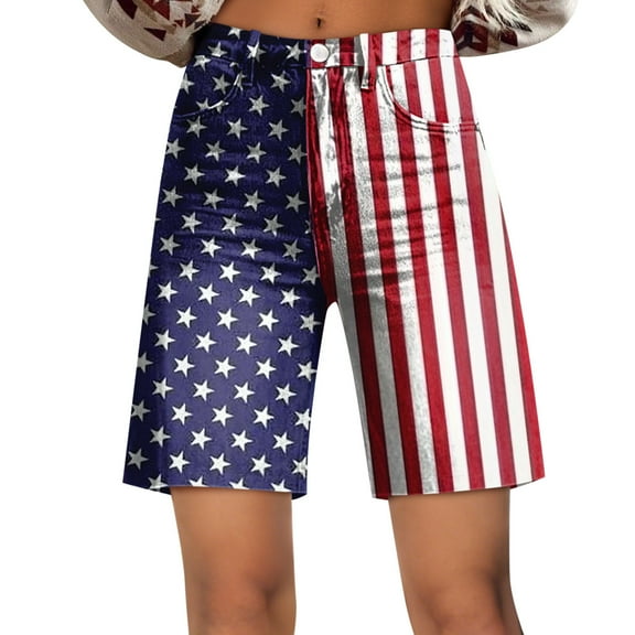 WTOBBY Women's Patriotic Print Wide Leg Bermuda Shorts - 4th of July Casual Short Pants with Elastic Waist & Quick-Dry Material for Outdoor Celebrations,Blue L