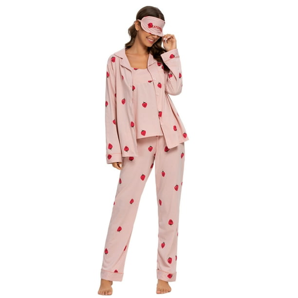 MintLimit Women's Pajamas Set 7 PCS Button Down Sleepwear Strawberry Ladies  Loungewear Pj Sets with Shirt and Eye Mask Pink XXL