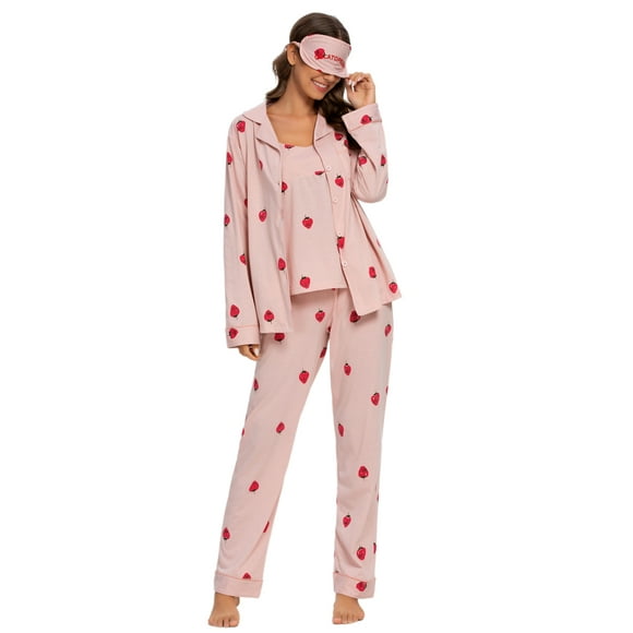 MintLimit Ensemble Pyjama pour Femme 7 PCS Bouton vers le Bas Vêtements de Nuit Fraise Dames Loungewear Ensembles avec Chemise et Masque pour les Yeux Rose XL