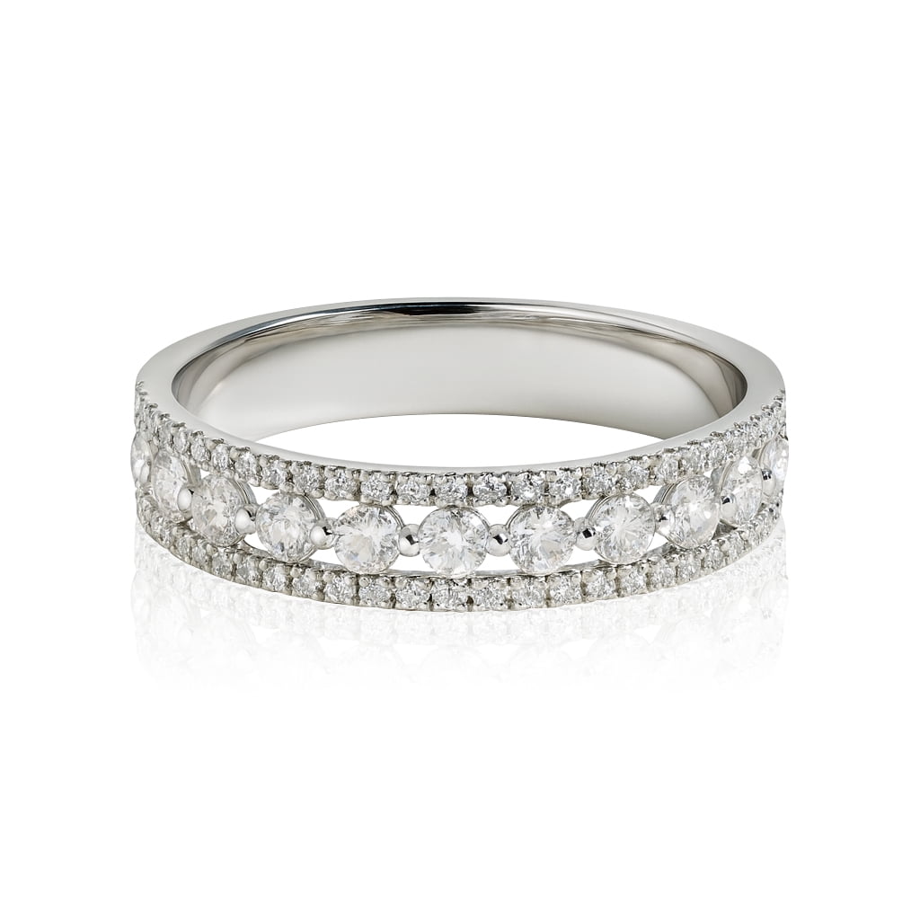 JeenMata Double Pave - 0.75 Carat Round Brilliant Cut Moissanite - Eternity Anniversary Ring - 18K White Gold Plating for Women