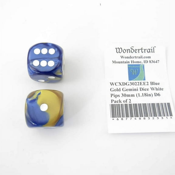 Blue and Gold Gemini Dice with White Pips 30mm (1.18in) D6 Pack of 2 Wondertrail