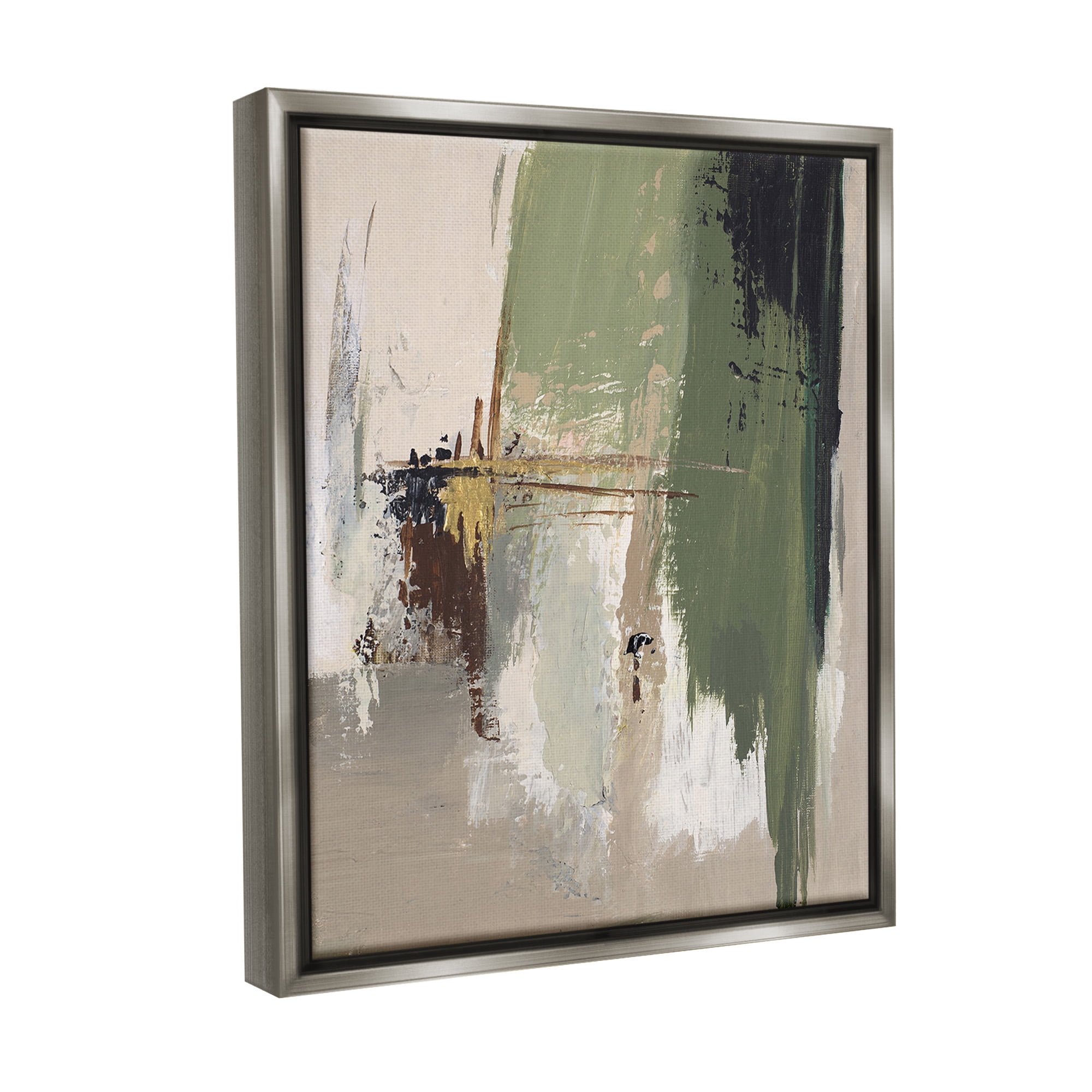 Stupell Industries Green & Tan Brush Strokes Abstract Painting Gray Floater Framed Canvas Art Print Wall Art, 25 x 31