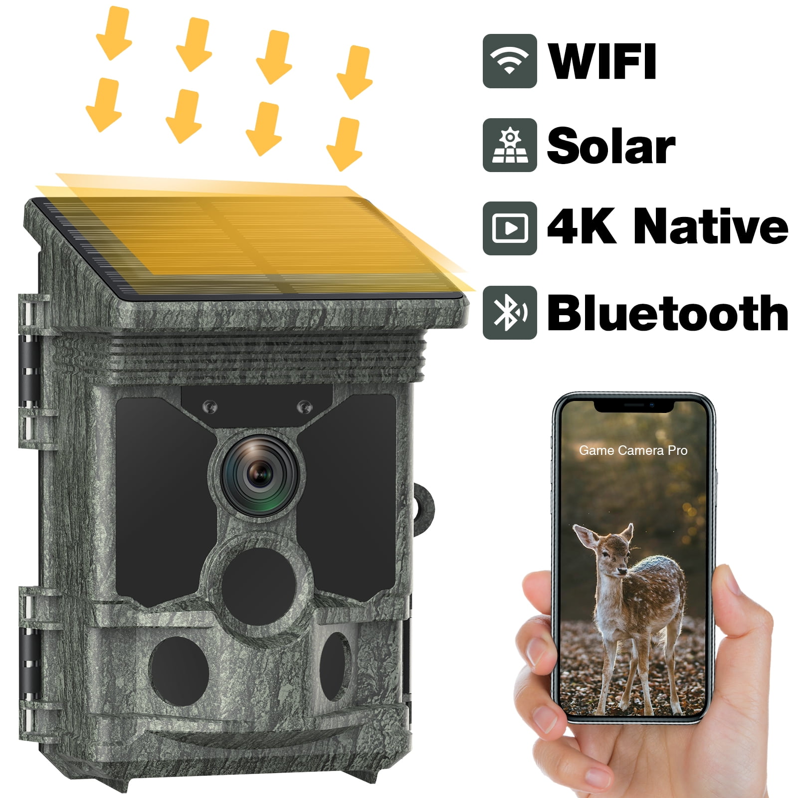 TOGUARD Trail Camera Solar Powered Native 4K 30fps 36MP WiFi Bluetooth